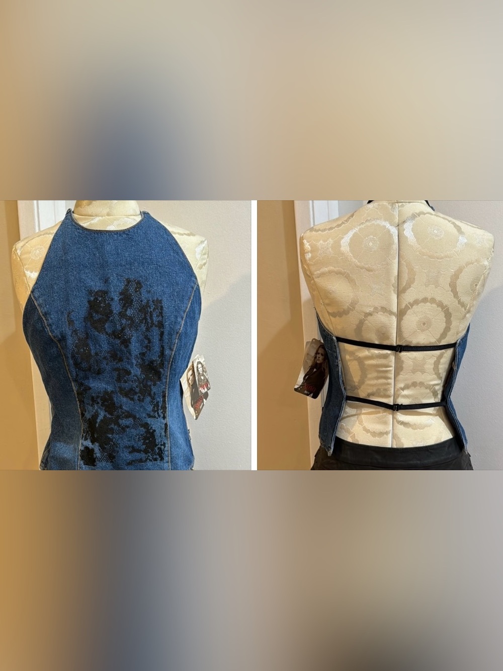 XOXO Denim Halter Glitter Black Design Open Back Strap Funky Top L NWT